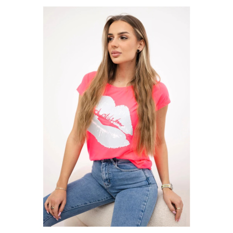 Blouse with pink neon lip print