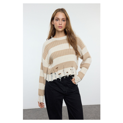 Trendyol Stone Crop Wide Pattern Striped Knitted Sweater