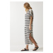 Happiness İstanbul Women's Cream Deep V-Neck Striped Seasonal Knitwear Dress