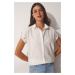 Happiness İstanbul Women's White Crystal Stone Detailed Linen Shirt