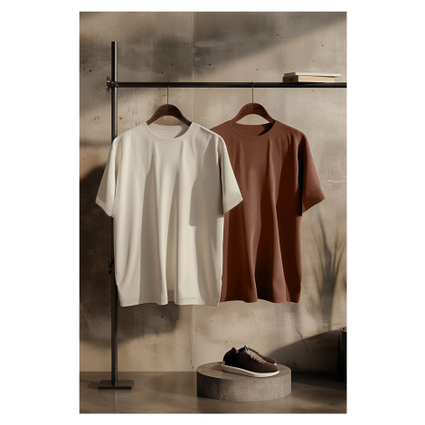 Trendyol Brown-Stone Oversize 2-Pack Basic 100% Cotton T-Shirt