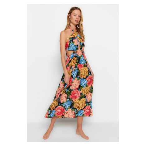 Trendyol Kvetinové vzorované maxi kravata 100% bavlnené plážové šaty
