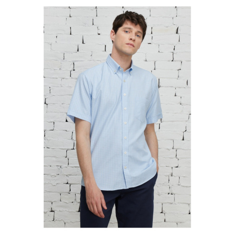 ALTINYILDIZ CLASSICS Men's Light Blue Comfort Fit Comfy Cut Buttoned Collar Check Short Sleeve S