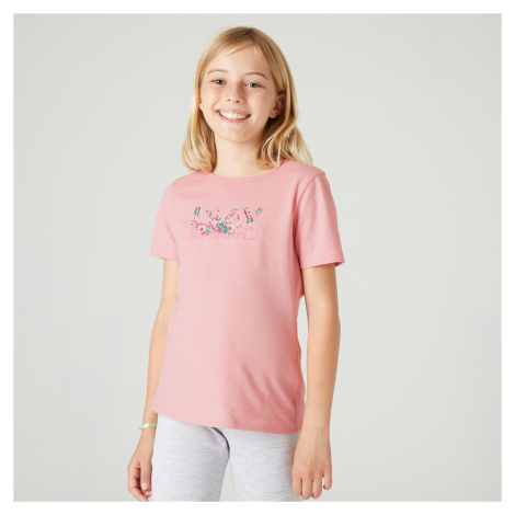 Dievčenské tričko 100 na cvičenie ružové s potlačou DOMYOS