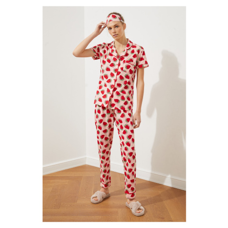 Trendyol Pink Cotton Piping Detailed Strawberry Patterned Knitted Shirt-Pants Pajama Set