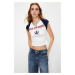 Trendyol White Color Blocked Slogan Printed Fitted Crop Knitted T-Shirt