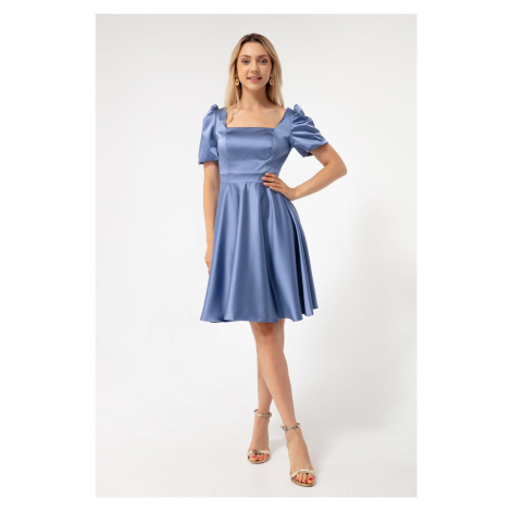 Lafaba Women's Indigo Balloon Sleeve Flared Cut Midi Satin Evening Dress