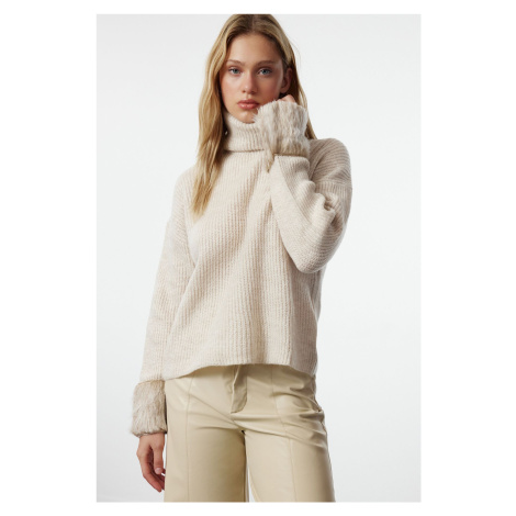 Trendyol Stone Soft Textured Sleeve Tip Fur Knitwear Sweater