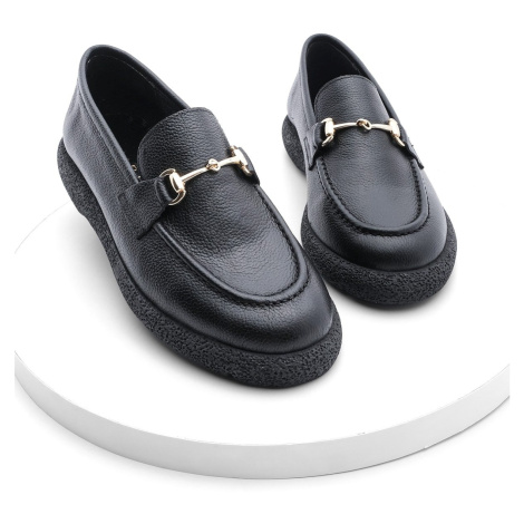 Marjin Women's Buckle Genuine Leather Loafers Casual Shoes Runet Black