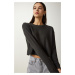 Happiness İstanbul Women's Anthracite Soft Texture Crop Knit Blouse