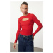 Trendyol Red Cut Out/Window Detailed Crew Neck Ribbed Stretchy Knitted Blouse