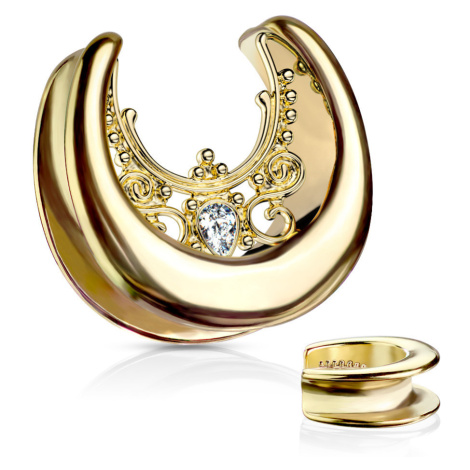 Oceľový plug do ucha v zlatej farbe - zirkónová slzička, ornamenty - Hrúbka: 25 mm