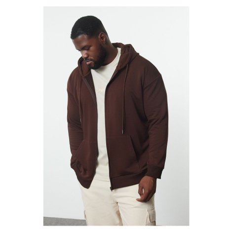 Trendyol Brown Plus Size Oversize Basic Hooded Zippered Inside Fleece Cotton Sweatshirt