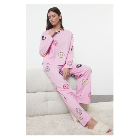 Trendyol Pink 100% Cotton Donut Pattern Tshirt-Pants, Knitted Pajamas Set