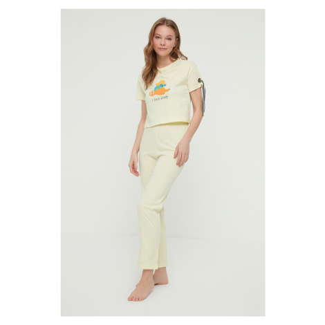 Trendyol Yellow Printed Stripe Knitted Pajamas Set