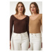 Happiness İstanbul Women's Dark Brown Biscuit V Neck 2-Pack Knitted Blouse