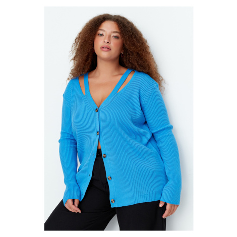 Trendyol Curve Blue V-Neck Band Detailed Buttoned Knitwear Cardigan