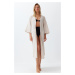 Trendyol Striped Belted Maxi Woven Linen Blend Kimono & Kaftan