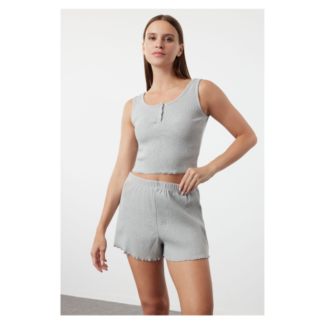 Trendyol Gray Melange Button Detailed Corded Cotton Undershirt-Shorts Knitted Pajama Set