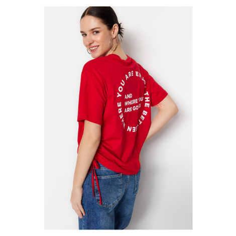 Trendyol Red 100% Cotton Back Printed Gather Detailed Boyfriend Fit Crew Neck T-Shirt