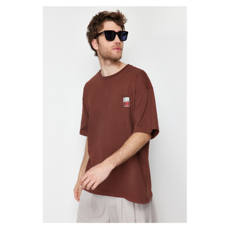 Trendyol Brown Oversize Labeled Text Printed 100% Cotton T-Shirt