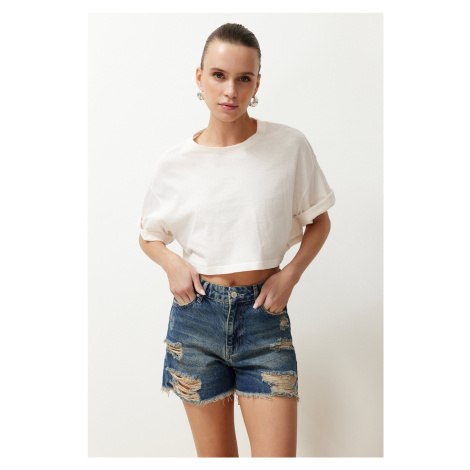 Trendyol Blue Ripped Denim Shorts & Bermuda