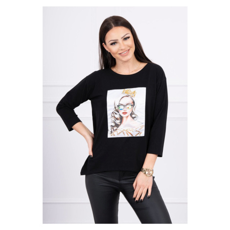 Blouse with graphics of a girl in glasses 3D black