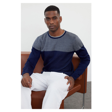 Trendyol Navy Blue Slim Fit Crew Neck Textured Knitwear Sweater