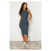 Trendyol Light Anthracite Corded Body-Fitted Crew Neck Flexible Midi Knitted Pencil Dress