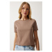 Happiness İstanbul Women Mink Crew Neck Basic Knitted T-Shirt