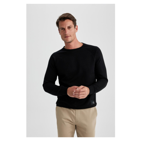 DEFACTO Black Regular Fit Crew Neck Woven Label Basic Plain Sweatshirt