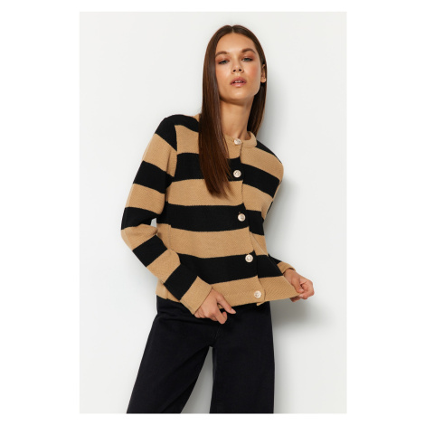 Trendyol Camel Striped Basic Jacket Look Knitwear Cardigan