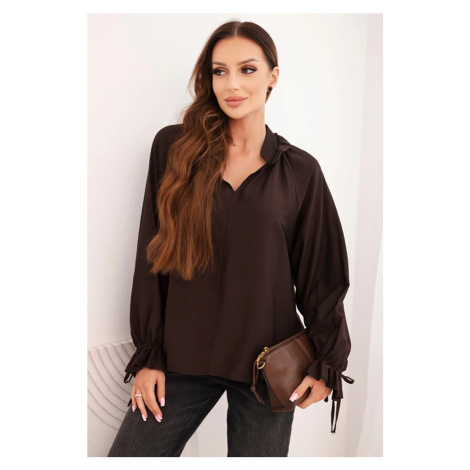 Kesi Włoski Dámska blúzka z viskózy s výstrihom do V a viazaním pri rukávoch hnedá
