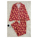 Trendyol Claret Red 100% Cotton Christmas Themed Piping Knitted Pajama Set