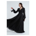 Lafaba Women's Black V-Neck Long Chiffon Evening Dress