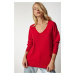 Šťastie İstanbul Dámsky červený tenký pletený sveter s výstrihom do V