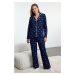 Trendyol Navy Blue 100% Cotton Winter Themed Piping Knitted Pajamas Set