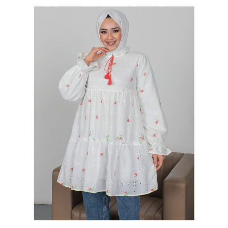 Modamorfo Ruffled Collar, Lace-Up, Floral Embroidery Sectional Tunic