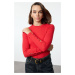 Trendyol Red Buttoned Ribbed Stand Collar Fitted Cotton Stretch Knitted Blouse