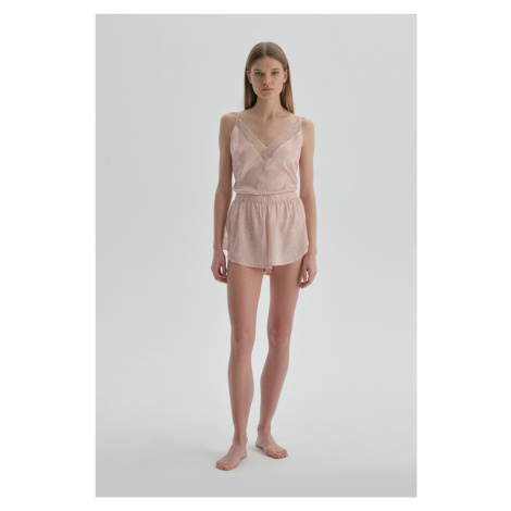Dagi Dark Pink Patterned Satin Shorts with Lace Detail.