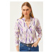 Olalook Women's Purple Lilac Leaf Patterned Woven Viscose Shirt