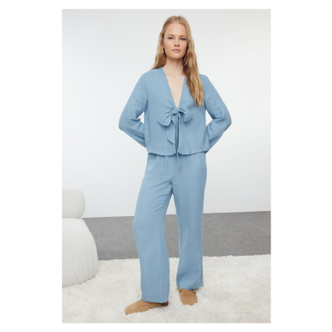 Trendyol Blue Solid Tie Detail Muslin Woven Pajama Set