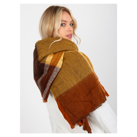Large brown-yellow checkered scarf with wool