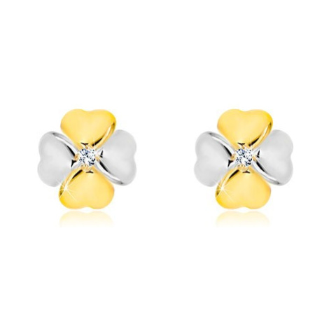 Briliantové náušnice v kombinovanom zlate 585 - symbol šťastia s diamantom