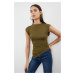 Trendyol Khaki High Collar Short Sleeve Gather/Drape Detailed Asymmetrical Knitted Blouse