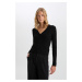 DEFACTO Fitted V Neck Basic Plain Button Rib Black Cardigan