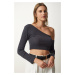 Happiness İstanbul Women's Anthracite Single Sleeve Ribbed Crop Knitted Blouse