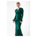Lafaba Women's Emerald Green Double Breasted Neck Sleeves Feather Slit Evening Dress