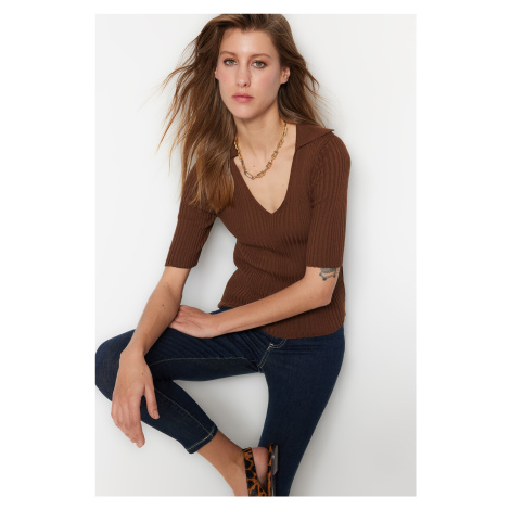 Trendyol Brown Polo Collar Basic Knitwear Sweater