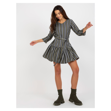 Dark gray striped cocktail dress with tie